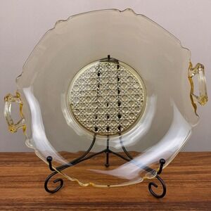 Vintage Lancaster Cane Serving Tray Yellow Topaz Glass Ruffled Edge 2-Handle